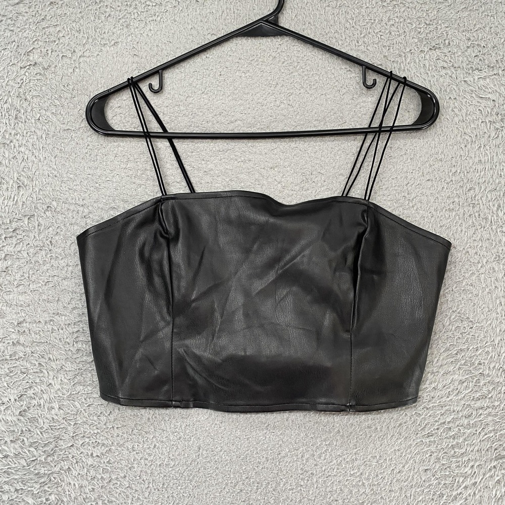 Beyond The Radar Tank Womens Large Faux Leather Spaghetti‎ Strap Crop Top Black